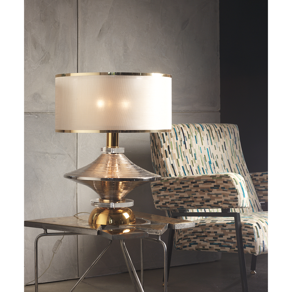 Lamp composed of engraved majolica and platinum plated details in nickel and golden brass and plexiglass and double lampshade 